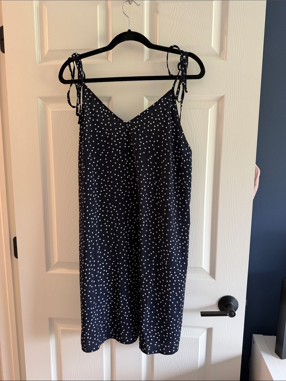 Polka Dot Tie-Shoulder Slip Dress - Navy